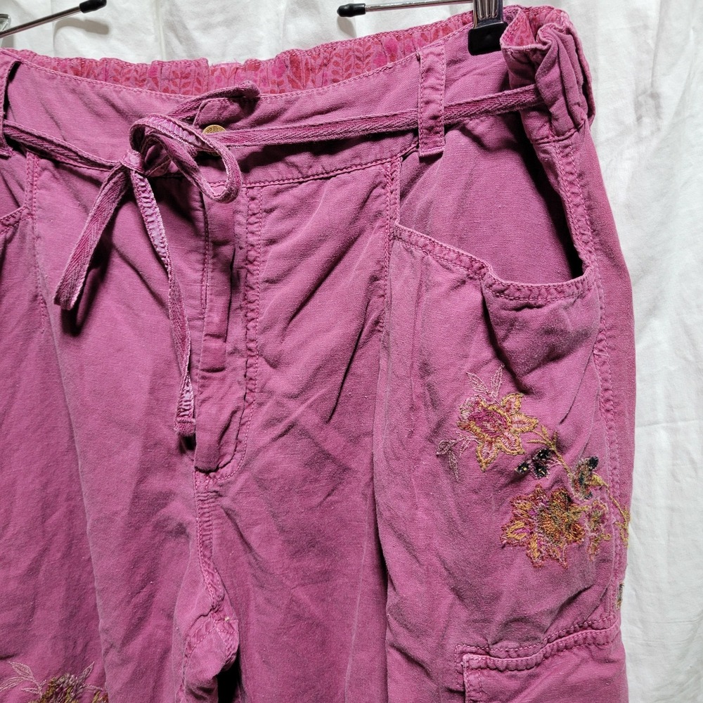 Sundance Pants Women's 12 Pink Linen Blend Floral Embroidered Cottage Bohemian - Picture 2 of 6